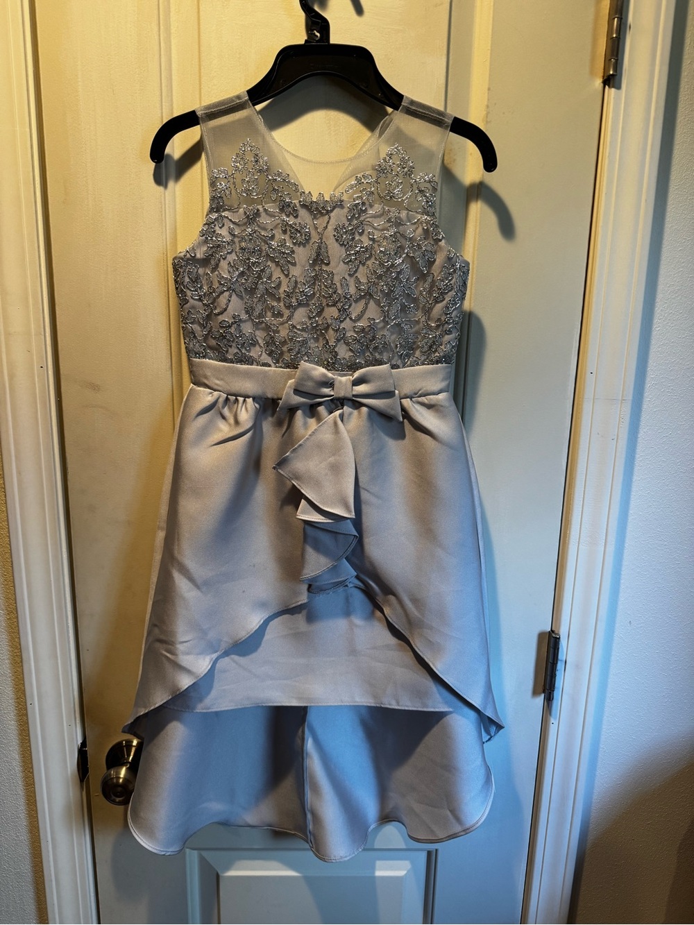Us Angels Silver Lace Bodice High-Low Dress with Bow Accent